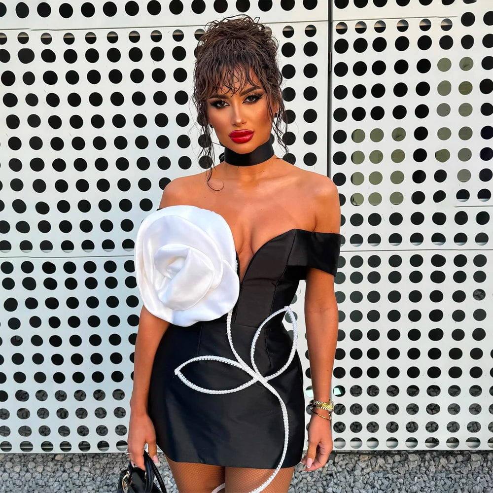 Women Sexy Off the Shoulder Big Florals Bodycon Mini Bandage Dress Celebrity Fashion Evening Party Red Carpet Dress black
