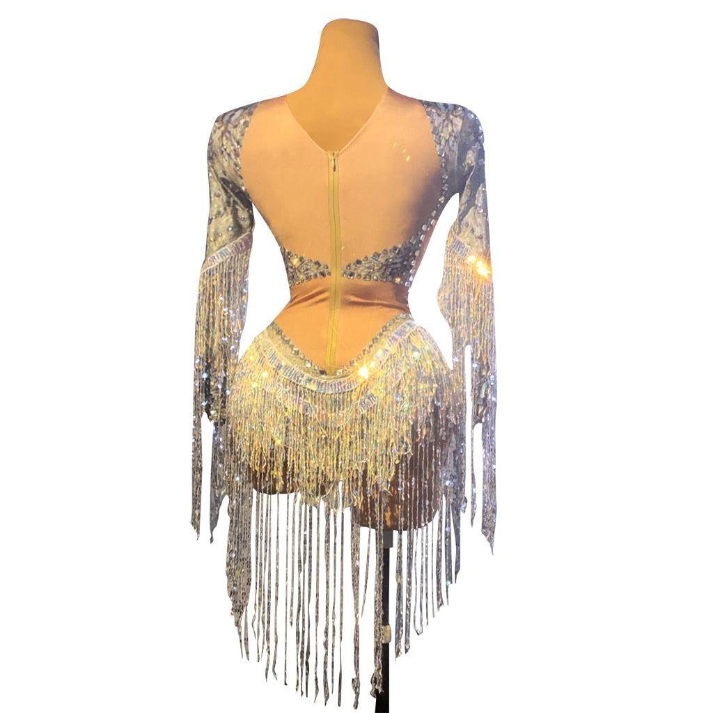 Sparkling Silver Rhinestone Sequin Tassel Party Bodysuit Women Stretch Dance Fringes Jumpsuit Club Bar Singer Leotard Stage Wear
