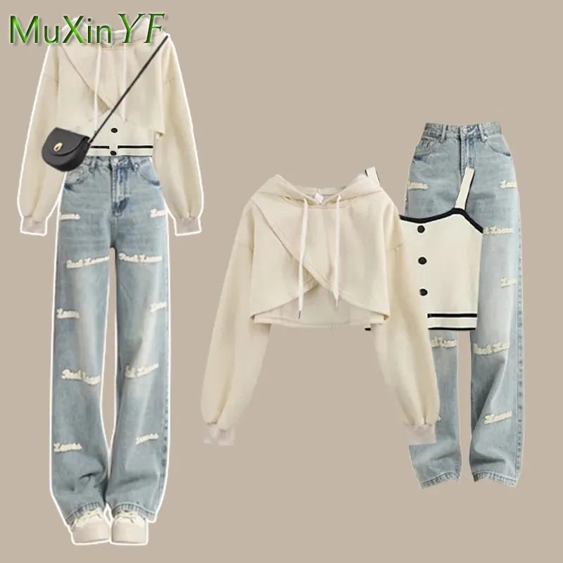 Women's 2024 Autumn New Matching Set Korean Elegant Short Sweater+Tank Top+Letter Jeans Three Piece Female Chic Denim Pants Suit