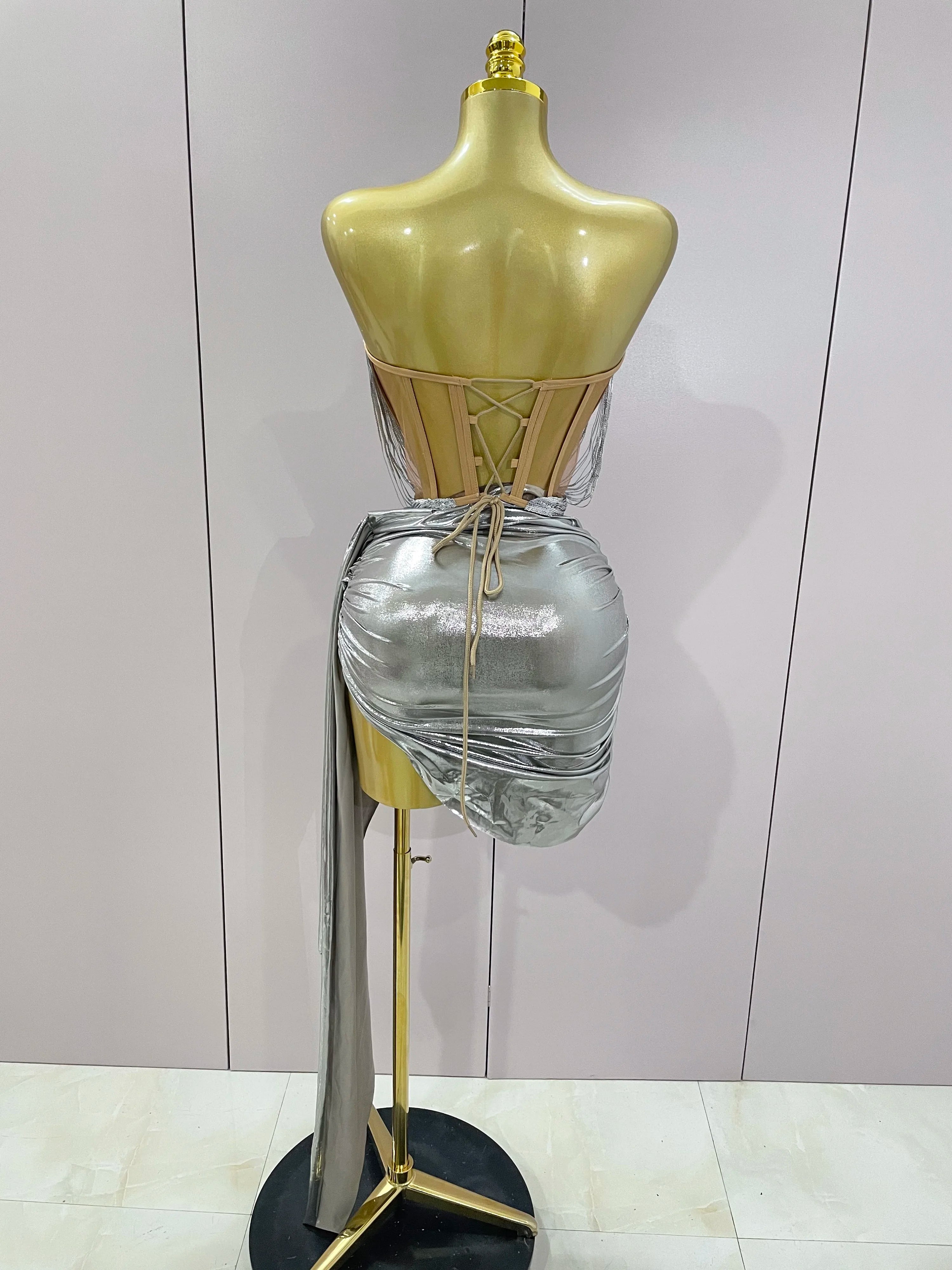 STOCK 2025 New Sexy Strapless Sequin Top Short Skirt 2 pcs Set Women Party Celebrate Nightclub Singer Performance Stage Outfit