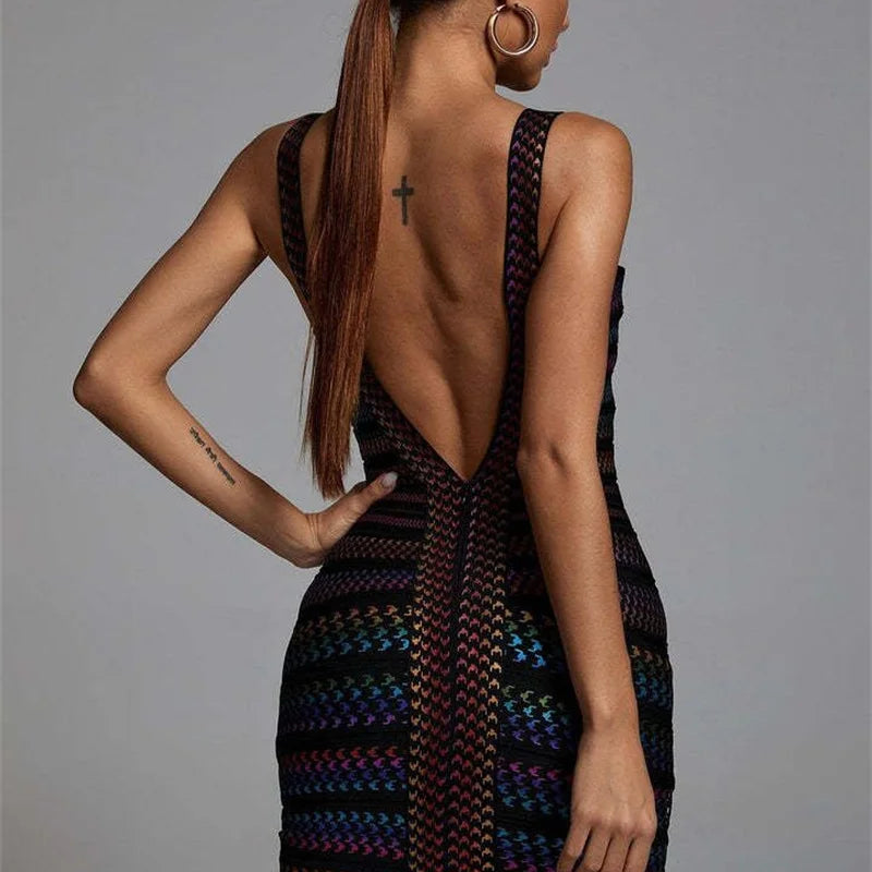 Celebrity Colorful Striped Foiling Print Rayon Bandage Dress Bodycon Evening Party Dress