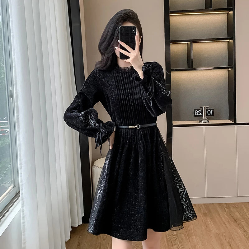 Coigarsam Women's Black Dress - Patchwork O-Neck, Mesh Sequins - Chic Evening & Party Fashion