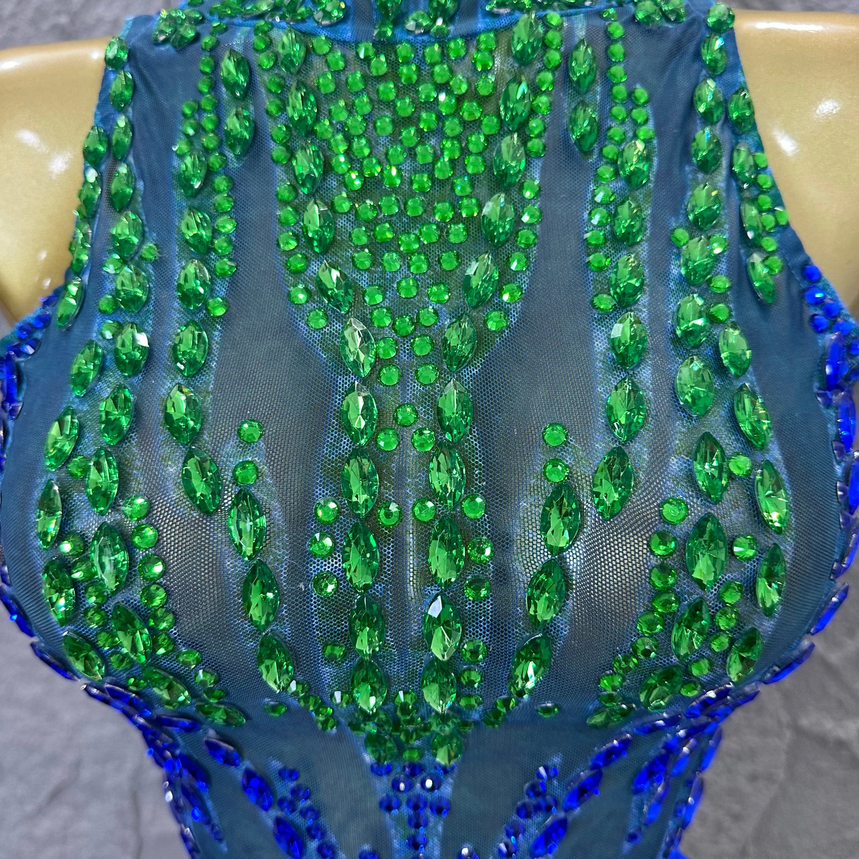 Sexy Blue Green High Neck Two Piece Set Women Sheer Mesh Full Crystal Crop Top Mini Skirt Outfit Formal Event Party Costume