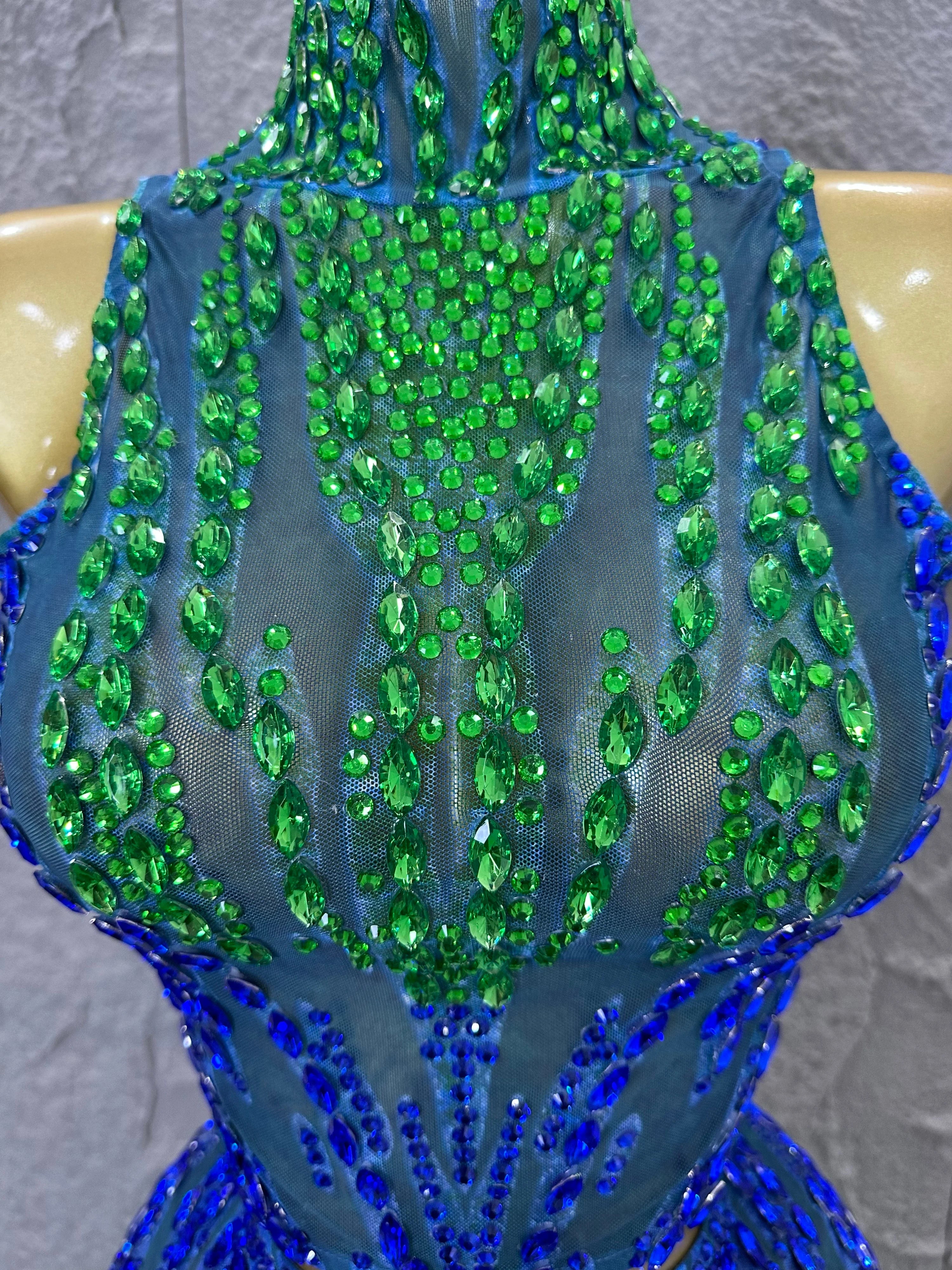 Sexy Blue Green High Neck Two Piece Set Women Sheer Mesh Full Crystal Crop Top Mini Skirt Outfit Formal Event Party Costume