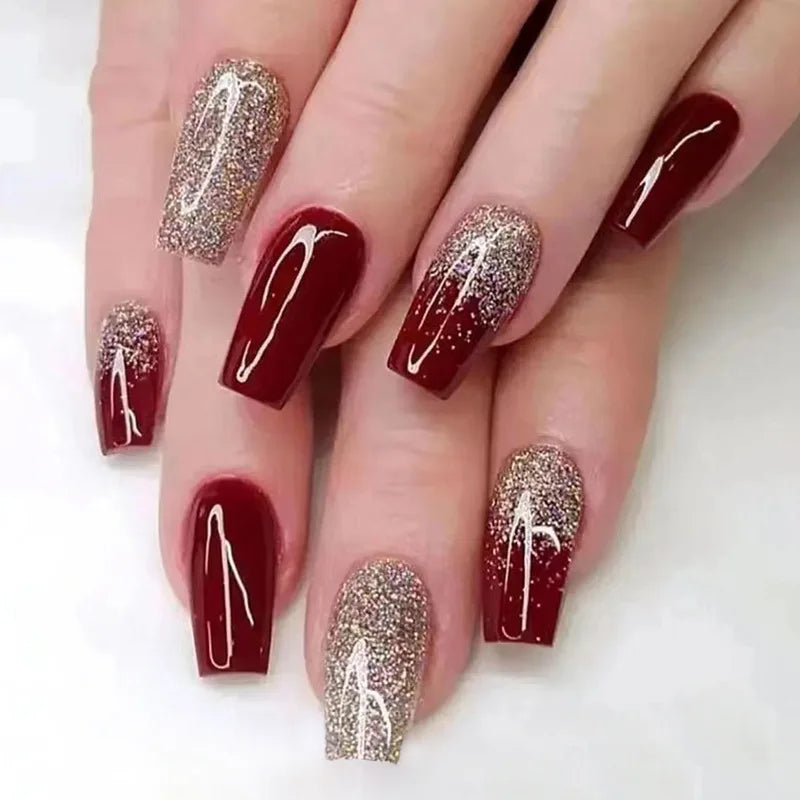 24Pcs Glitter Fake Nail Art with Sequin Design Mid-length Square Head False Nails Tips Retro Wine Red Wearable Press on Nails 441