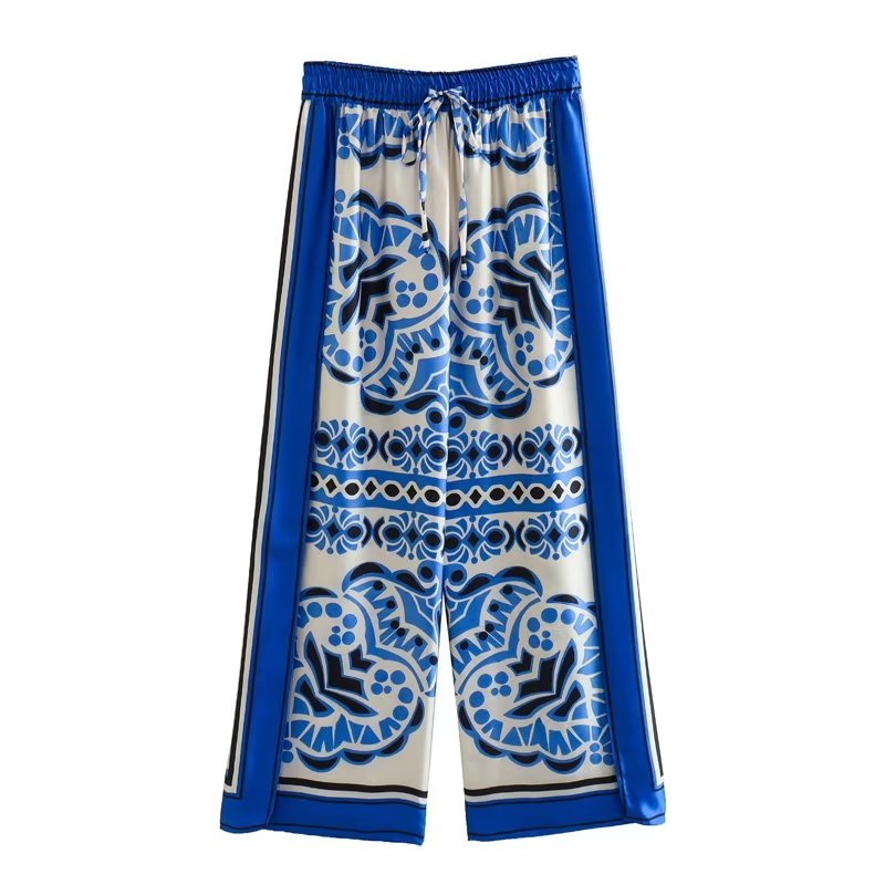 Woman Shirts Pants Sets 2024 New Summer Geometric Print Loose Long sleeved Shirts Fashion Elastic Waist Wide Leg Pants Outfits Pants-Blue