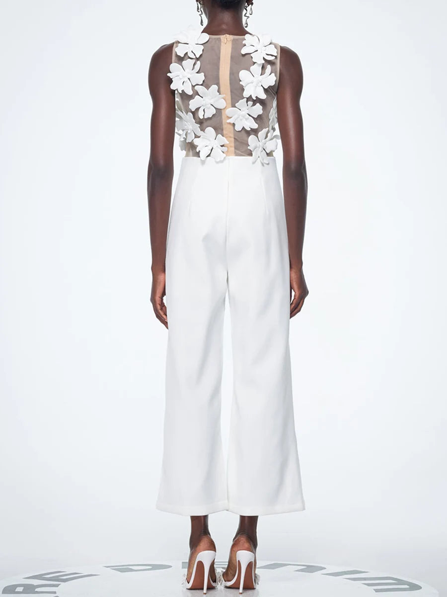 Solid Slimming Spliced Appliques Jumpsuits for Women V Neck Sleeveless High Waist Elegant Jumpsuit Female Fashion