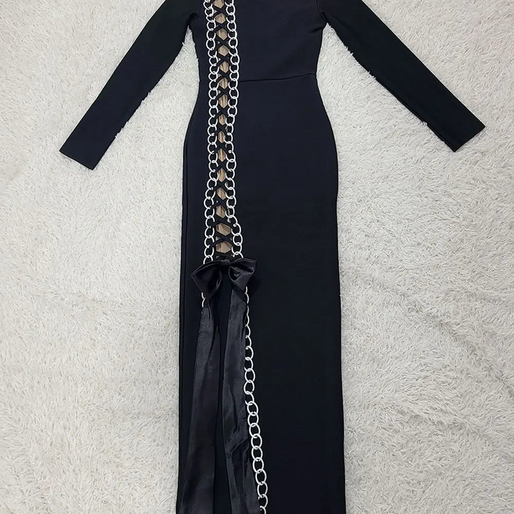 2024 Sexy Women Heavy Industry Chain Drawstring Bandage Dress O-neck Long Sleeve Bodycon Midi Split Dress Evening Party Vestidos black
