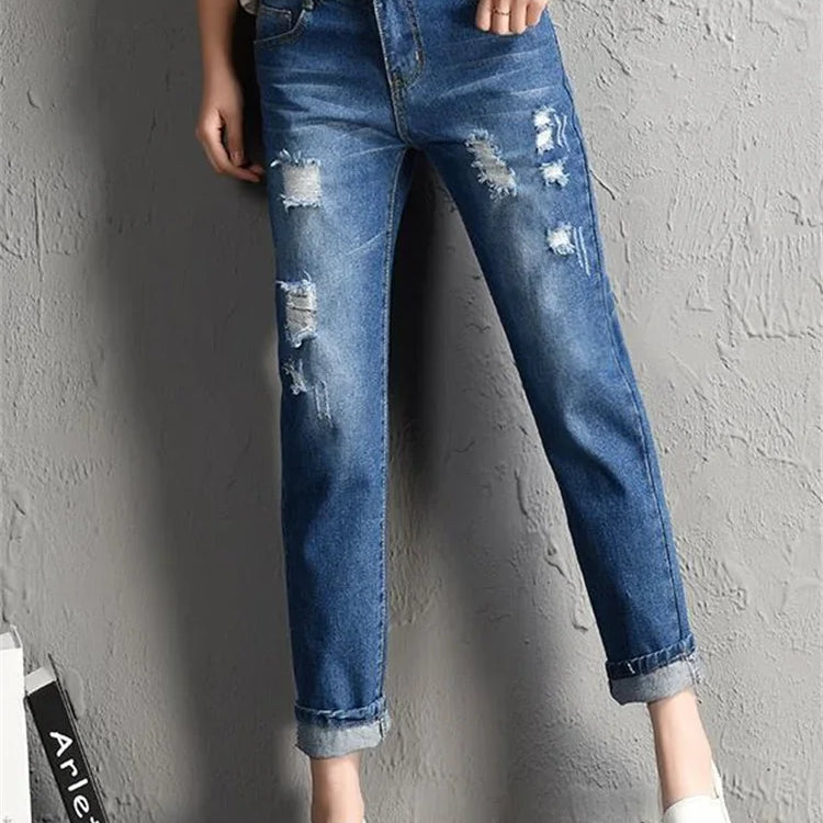 Casual High Street Denim Pants Women Fashion Mid Waist Big Ripped Hole Jeans Sexy Vintage Pencil Calca High Waisted Jeans Dark Blue