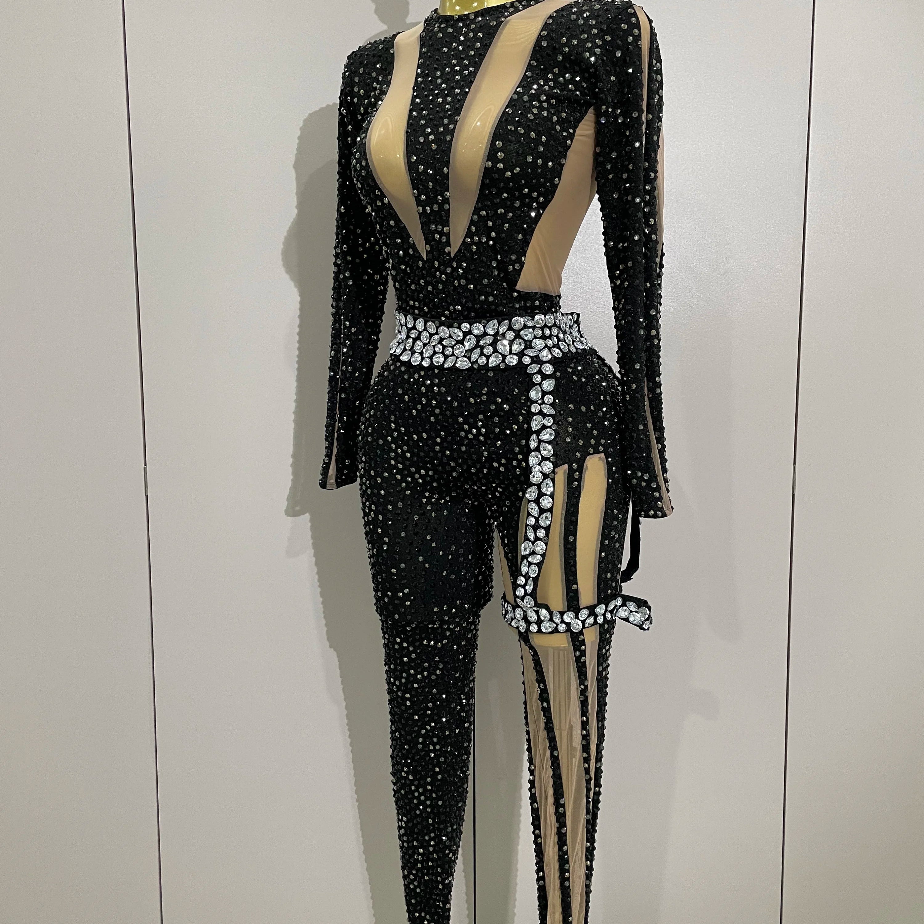 2025Sexy Sparkly Full Diamond Black Perspective Waist Cinching Asymmetrical Mesh Jumpsuit Birthday Party Nightclub Stage Costume