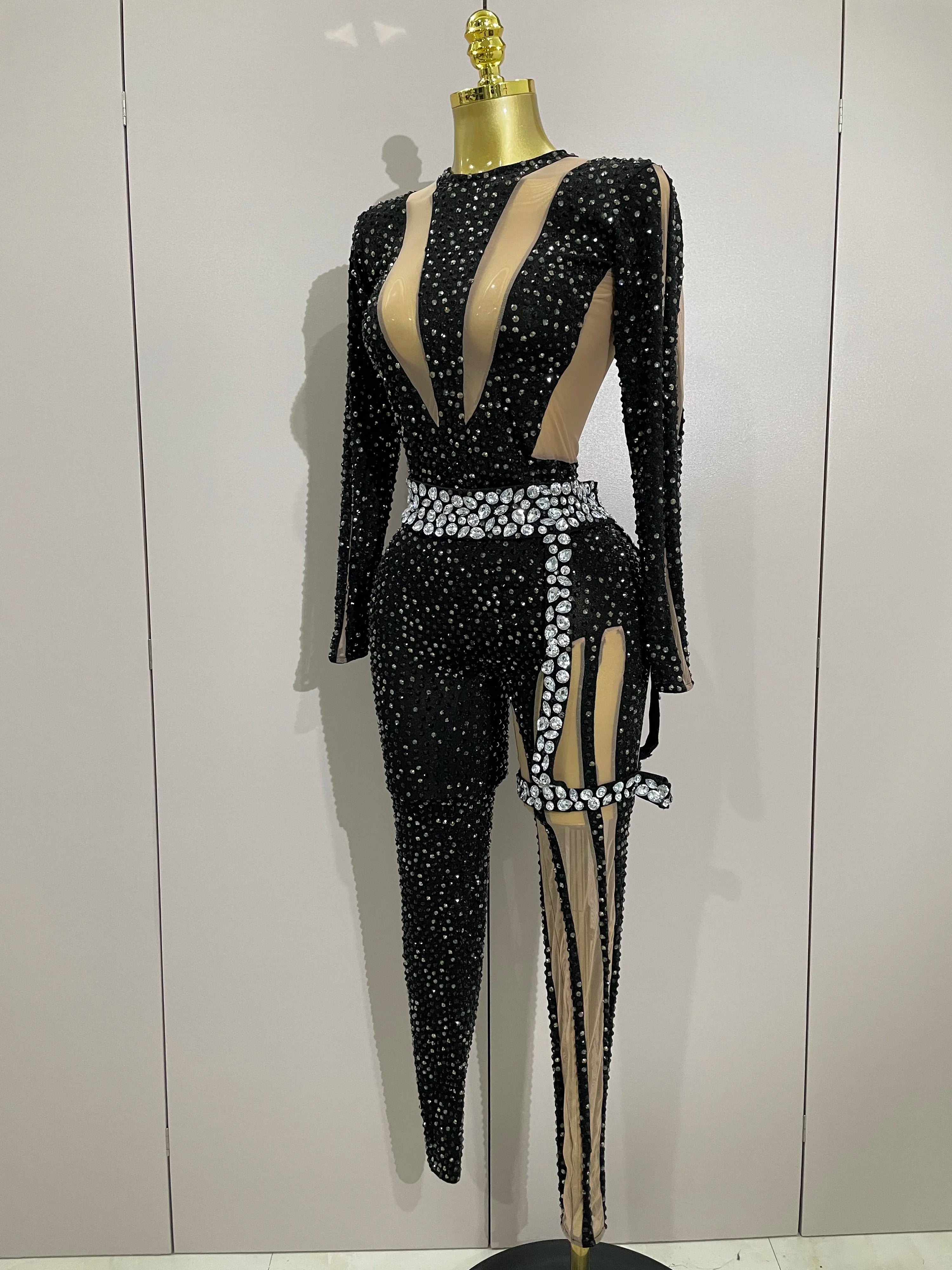 2025Sexy Sparkly Full Diamond Black Perspective Waist Cinching Asymmetrical Mesh Jumpsuit Birthday Party Nightclub Stage Costume