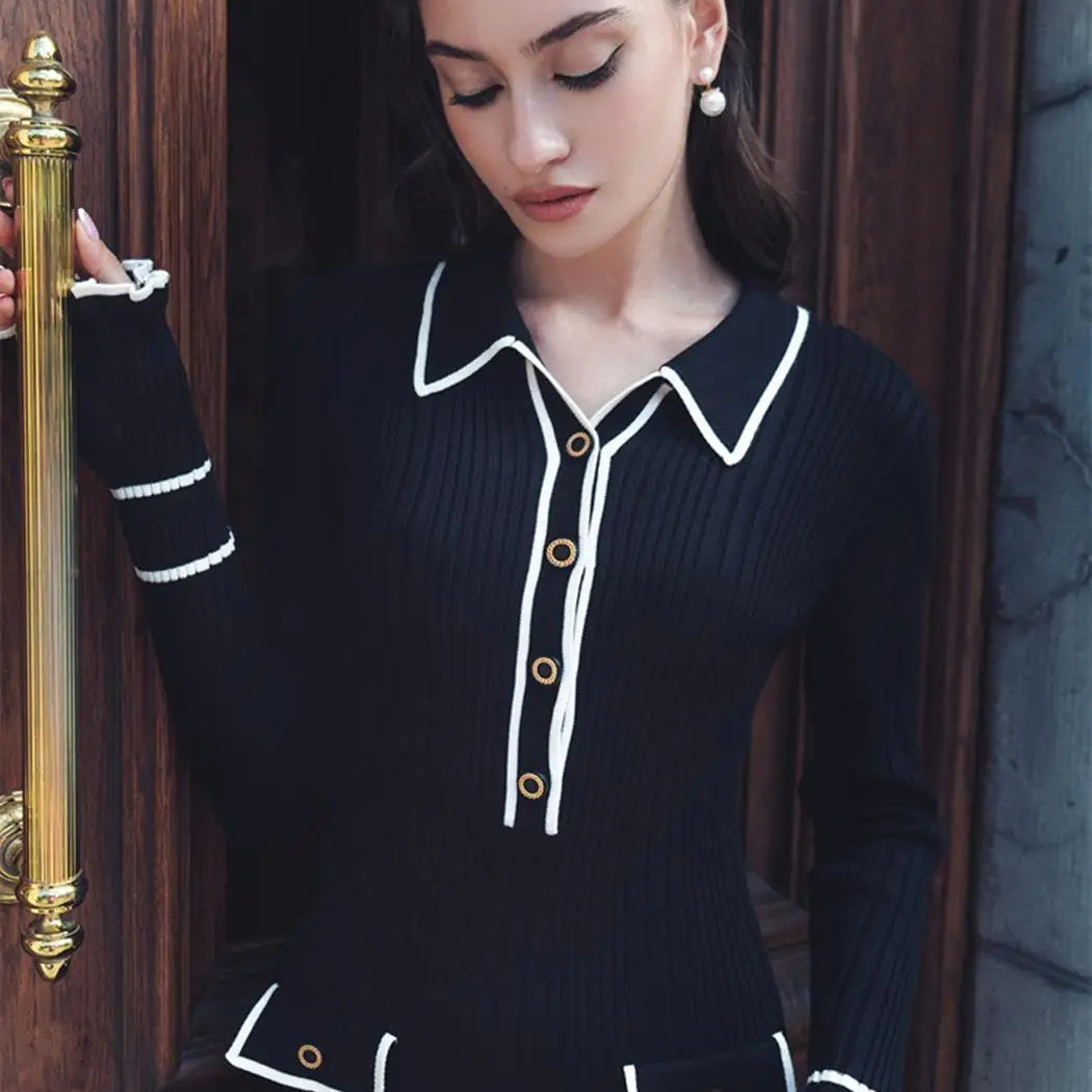 French Ruffle Knit Dress Fall Fashion Lapel Mental Button Luxury Women Dress Long Patchwork Lady Elegant Vestidos Robes New