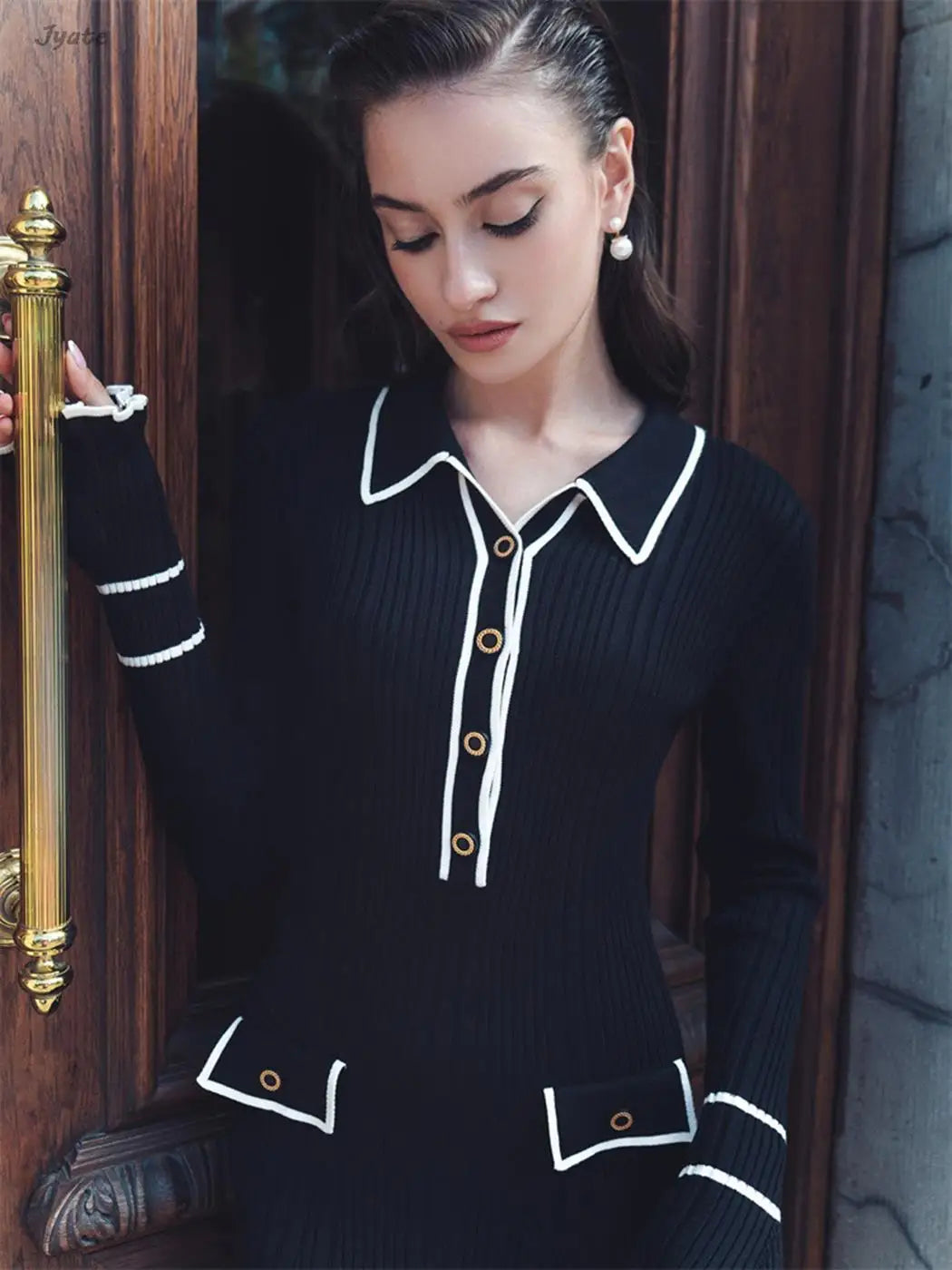 French Ruffle Knit Dress Fall Fashion Lapel Mental Button Luxury Women Dress Long Patchwork Lady Elegant Vestidos Robes New