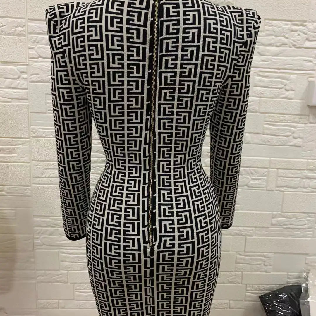 Black Full Sleeve Jacquard Mini Bandage Dress 2021 Celebrity Designer Fashion Evening Party Dress