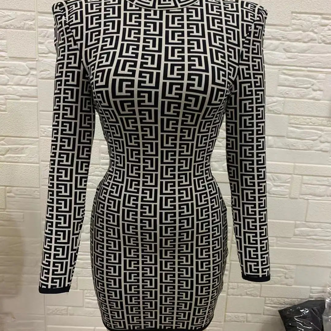Black Full Sleeve Jacquard Mini Bandage Dress 2021 Celebrity Designer Fashion Evening Party Dress black 170