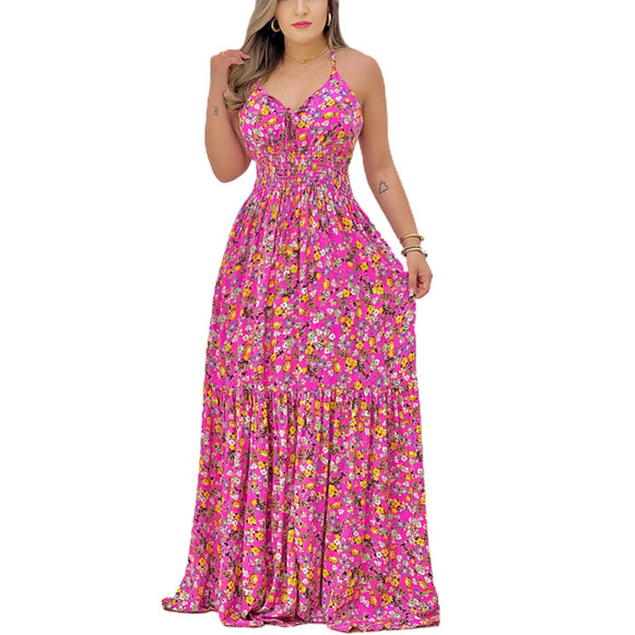 Women Summer Print Spaghetti Strap Big Swing Dress Pink S