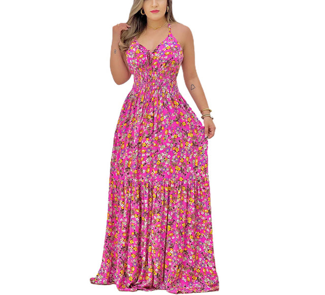 Women Summer Print Spaghetti Strap Big Swing Dress Pink S