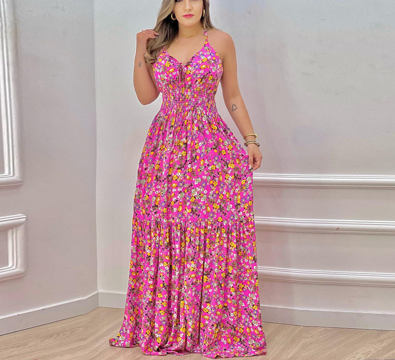 Women Summer Print Spaghetti Strap Big Swing Dress