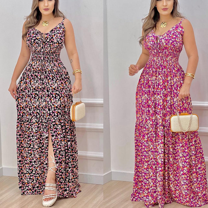 Women Summer Print Spaghetti Strap Big Swing Dress