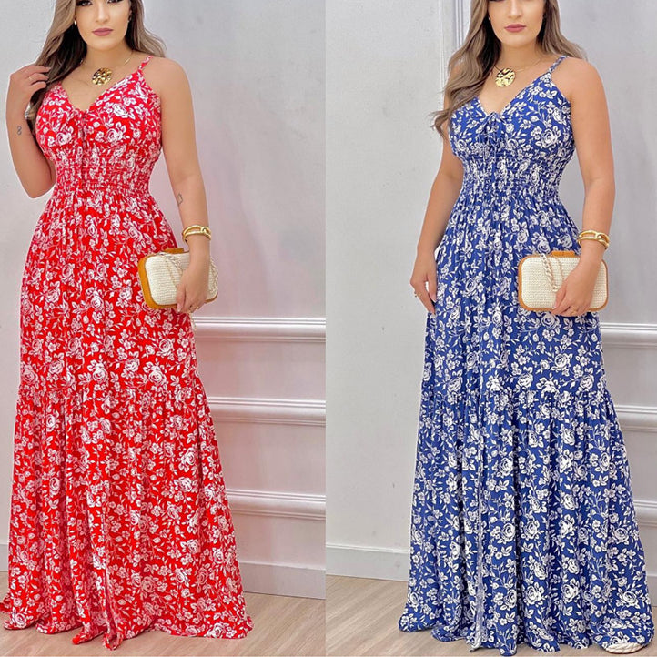 Women Summer Print Spaghetti Strap Big Swing Dress