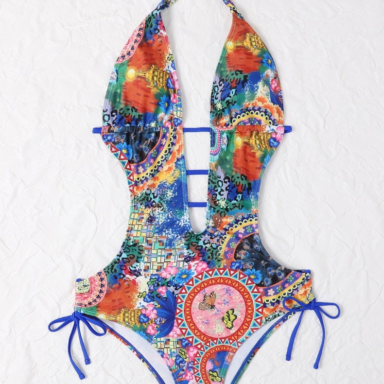 Women's Printed Lace Up High Waist Swimsuit Bikini