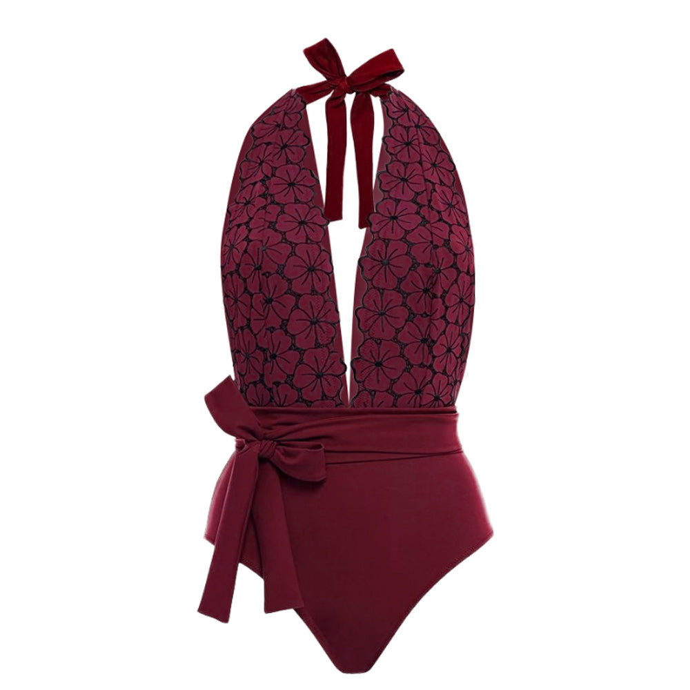 Women's Retro Deep V Resort Beach Swimsuit Red One piece swimsuit