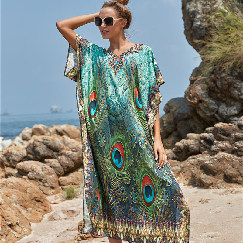 Polyester National Wind Positioning Printed Beach Smock Robe Type Sunscreen Shirt Holiday Dress Color8