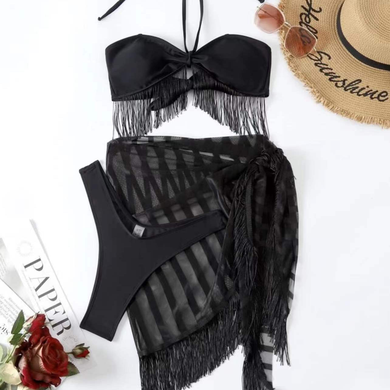 Tassel Tube Top Suspender Mesh Three-piece Set