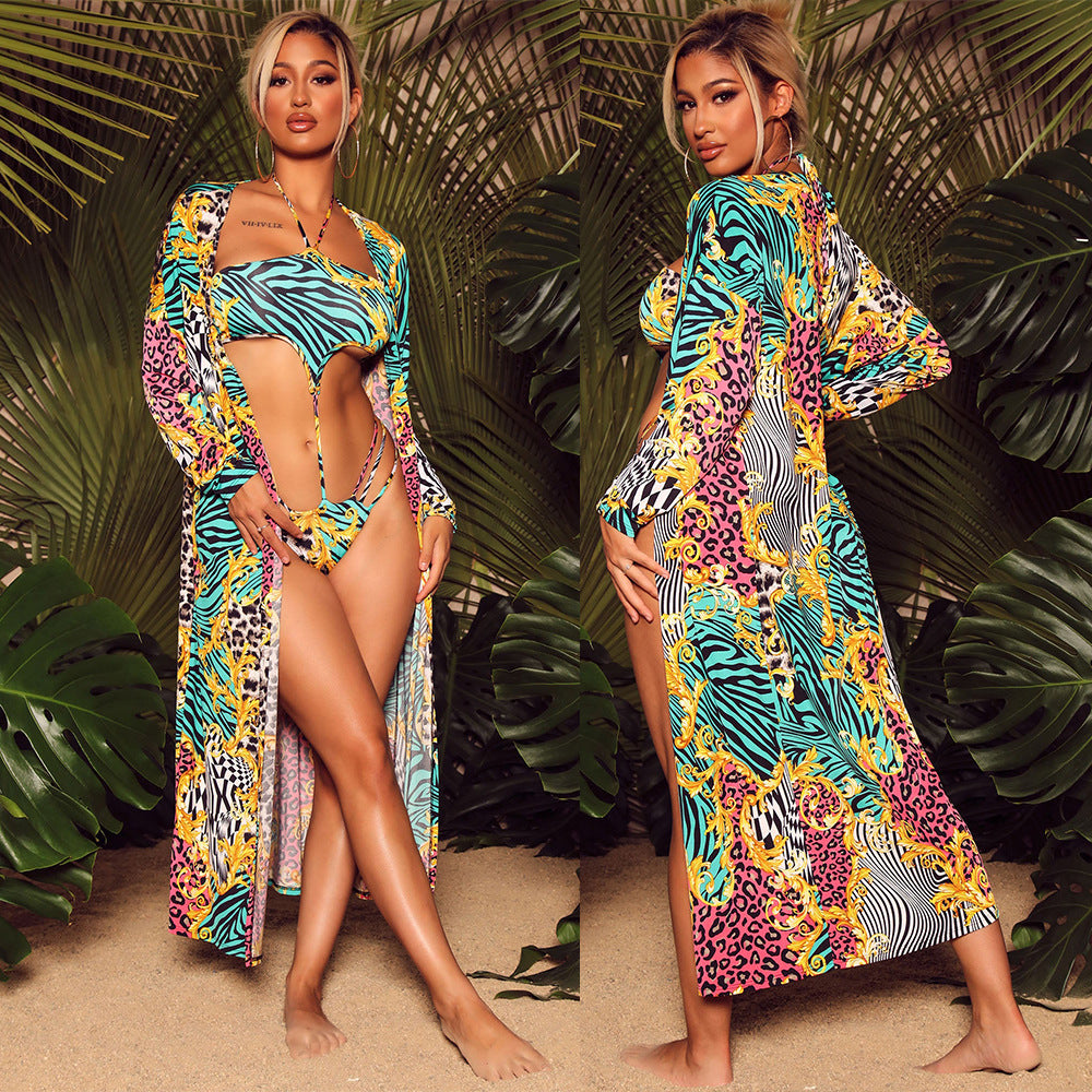 Moda Feminina Print Cape Two Piece Swimsuit