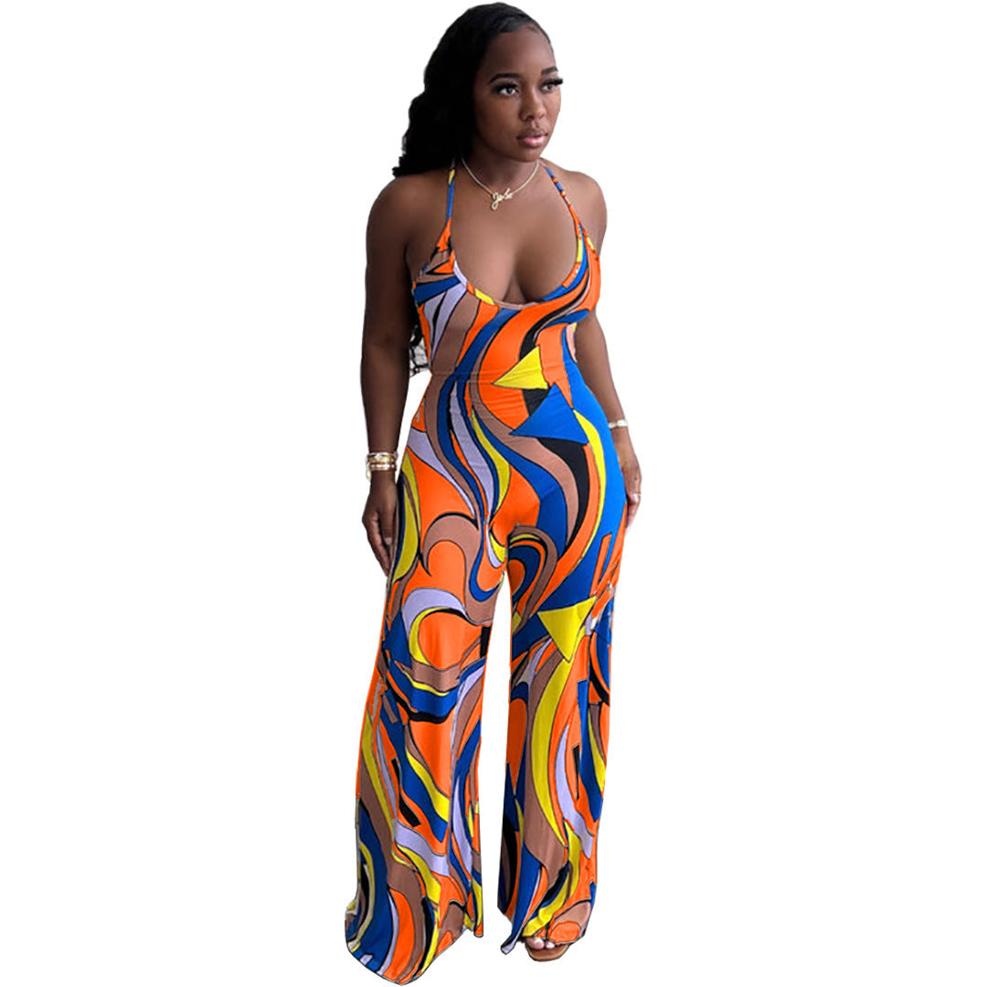 Sleeveless Casual Print Halter Strap Backless Fitted Jumpsuit Orange