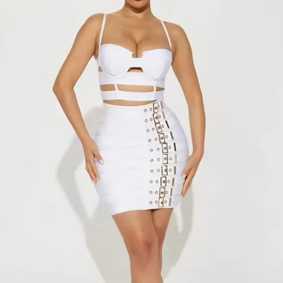 Women Sexy Cut Out Mini Bodycon Bandage Skirt Two Piece Set 2025 Celebrity High Streeet Evening Birthday Club Party Outfits