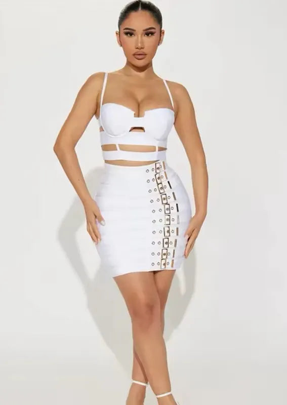 Women Sexy Cut Out Mini Bodycon Bandage Skirt Two Piece Set 2025 Celebrity High Streeet Evening Birthday Club Party Outfits