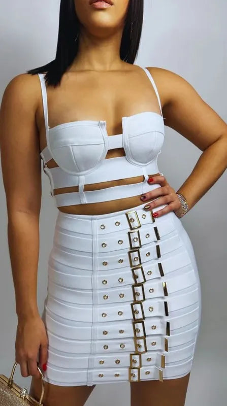 Women Sexy Cut Out Mini Bodycon Bandage Skirt Two Piece Set 2025 Celebrity High Streeet Evening Birthday Club Party Outfits