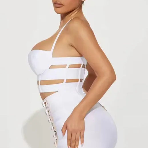 Women Sexy Cut Out Mini Bodycon Bandage Skirt Two Piece Set 2025 Celebrity High Streeet Evening Birthday Club Party Outfits