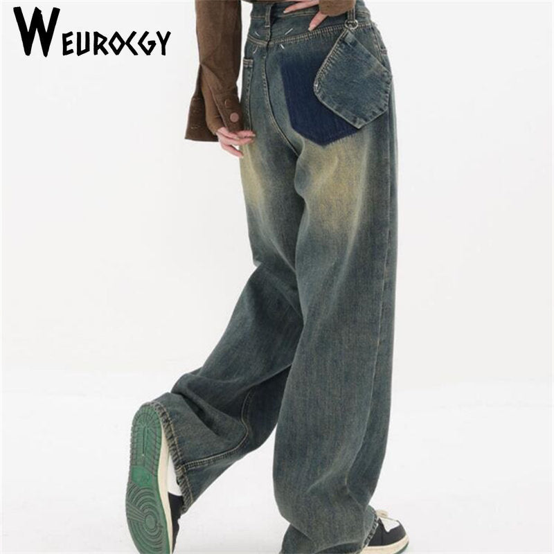 Vintage Cargo Pants Baggy Jeans Women Fashion 90s Streetwear Pockets Wide  Leg High Waist Straight Y2k Denim Trousers Overalls-yujia