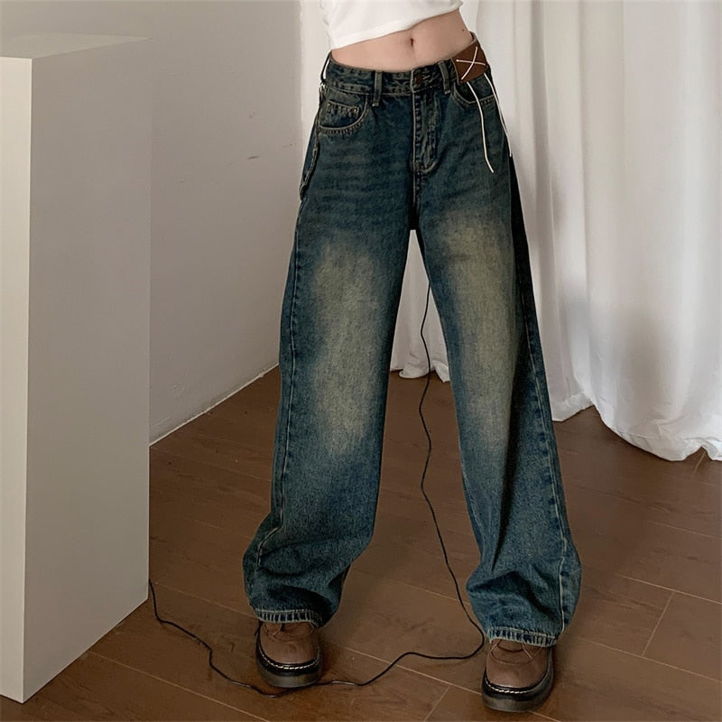 design vintage streetwear y2k baggy jeans Women's denim cargo pants women high waist ripped pocktes wide leg new jeans woman Retro Color