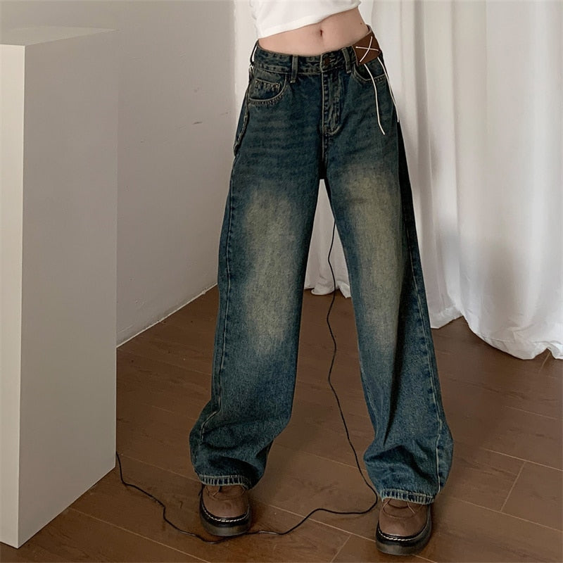 Vintage Khaki Baggy Jeans Women Korean Style Denim Pants Retro Belt Wide  Leg T