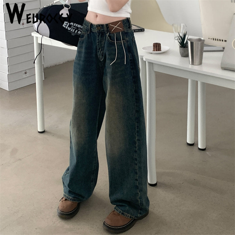 design vintage streetwear y2k baggy jeans Women's denim cargo pants women high waist ripped pocktes wide leg new jeans woman
