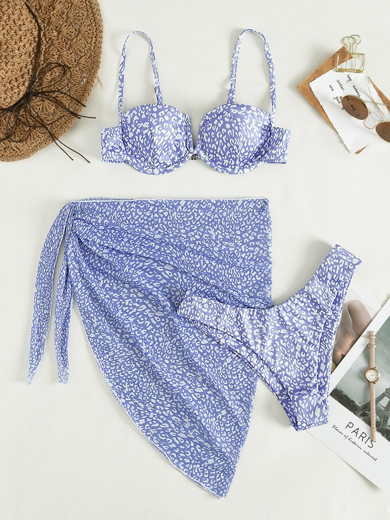 Three-piece Floral Bikini Beach Dress Purple