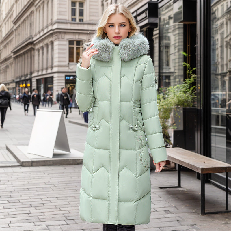 Winter Long Coat With Thickened Fur Collar Straight Slim Cotton-padded Jacket Women Light Green