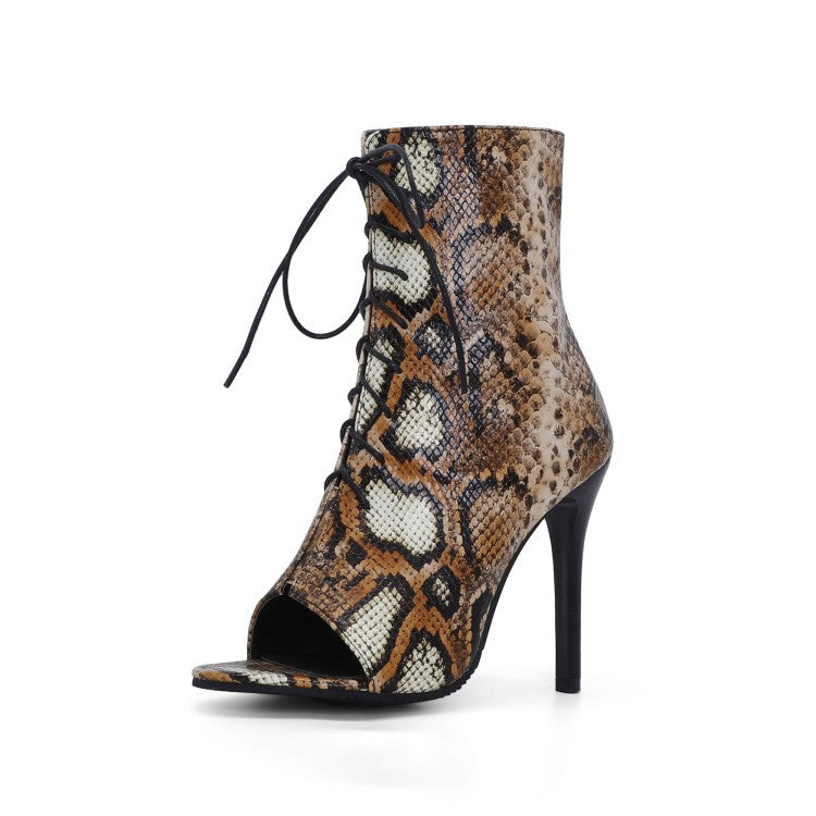 Summer Peep Toe Sandals Stiletto Heel Lace-up Serpentine Brown