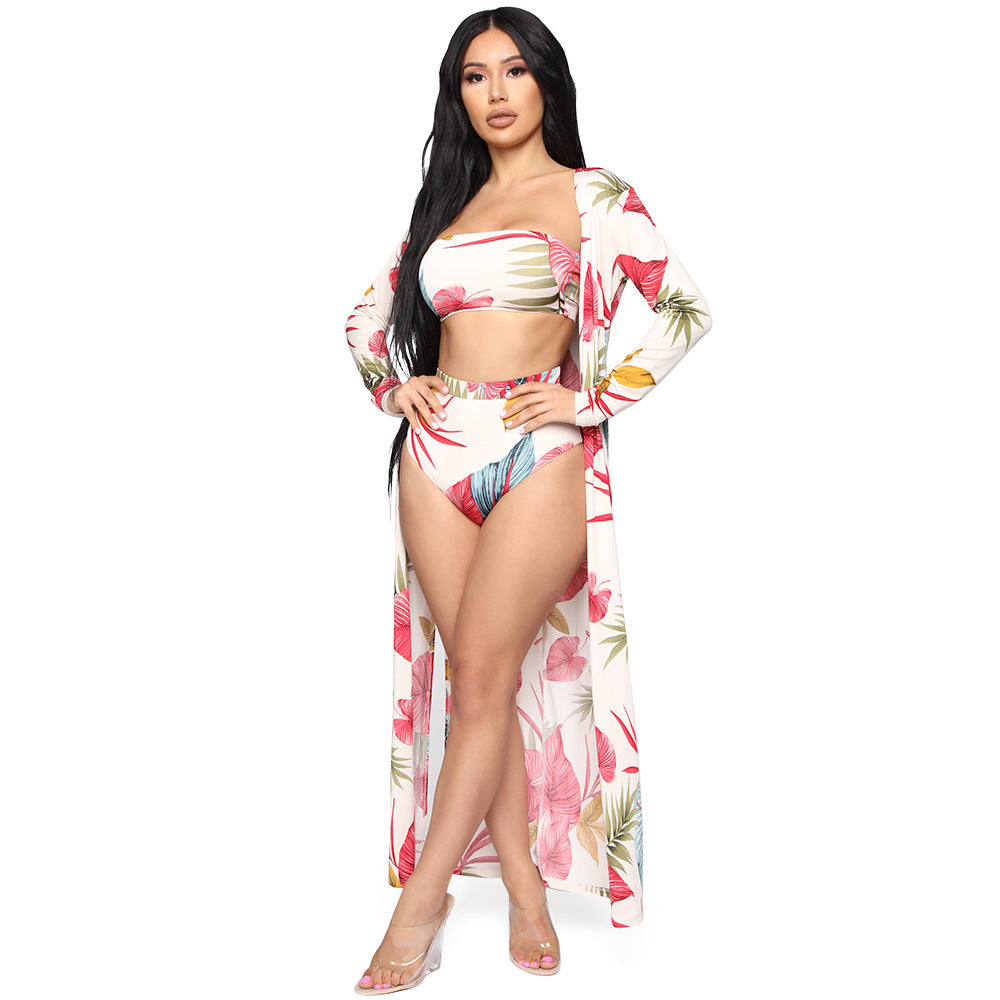 Women's Digital Print Swimsuit Three Piece Long Sleeve Cape