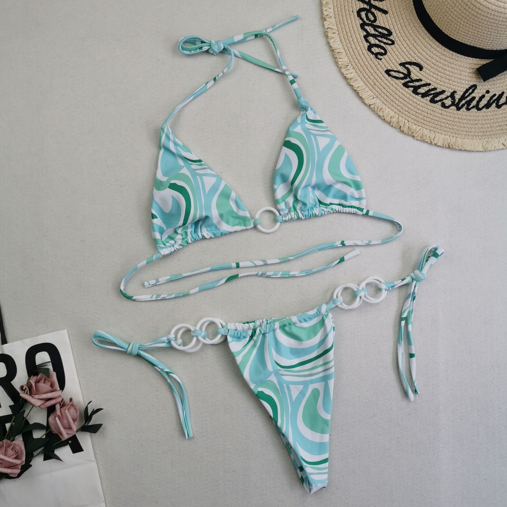 Women's Split Bikini Double Fabric Lace-up Swimwear Green stripes