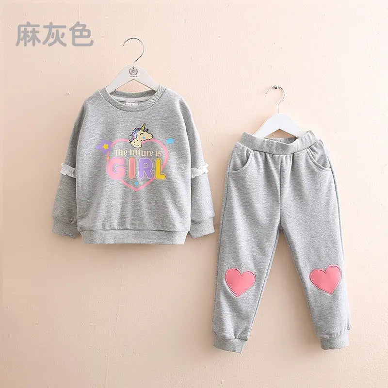 girls autumn casual sweater suits cartoon long-sleeved round neck top love pants sports 2pcs clothing set GREY