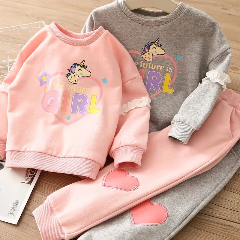 girls autumn casual sweater suits cartoon long-sleeved round neck top love pants sports 2pcs clothing set AMAIO