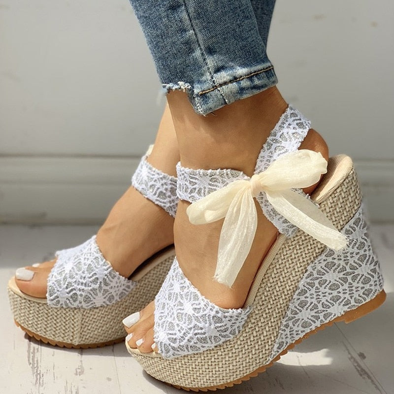 hot lace  Women Wedges heeled women Shoes  Summer Sandals Party Platform High Heels Shoes Woman AMAIO