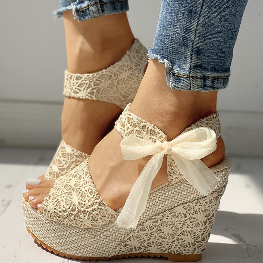 hot lace Women Wedges heeled women Shoes Summer Sandals Party Platform High Heels Shoes Woman Gold