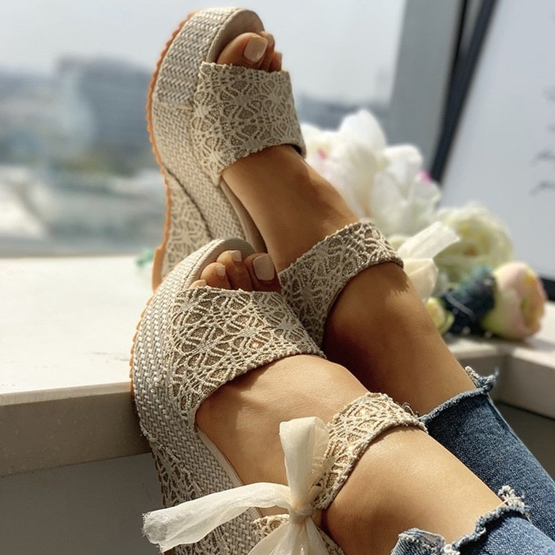 hot lace Women Wedges heeled women Shoes Summer Sandals Party Platform High Heels Shoes Woman