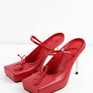 Butterfly-Knot Metal Heeled Sandals Red Square Toe Solid Color Mules Summer Pull On Slip On Slides Black Luxury Ladies Shoes