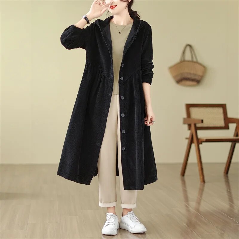 long sleeve corduroy oversized vintage hooded casual loose autumn spring winter trench coat for women 2024 clothes Outerwear Black
